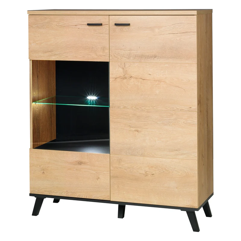John Vitrine 101 cm mit Glastür und Tür – Eiche Lefkas / Schwarz