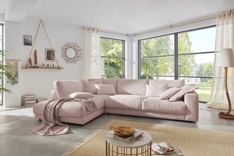 KAWOLA Sofa MADELINE Ecksofa mit Recamiere Cord rosa