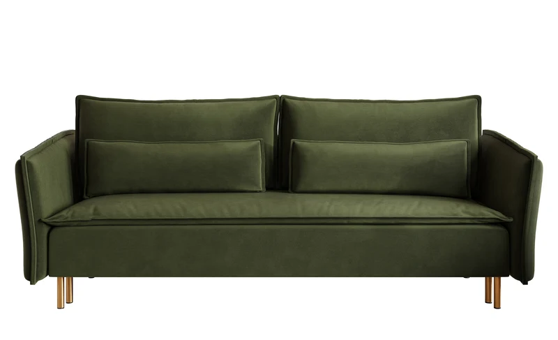 Dreisitziges ausklappbares Sofa Ummo in Olivgrün mit Stauraum, hydrophobem Samtstoff und goldfarbenen Beinen