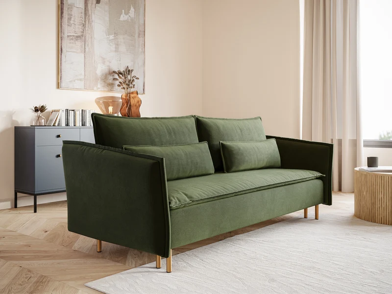 Dreisitziges ausklappbares Sofa Ummo in Olivgrün mit Stauraum, hydrophobem Samtstoff und goldfarbenen Beinen