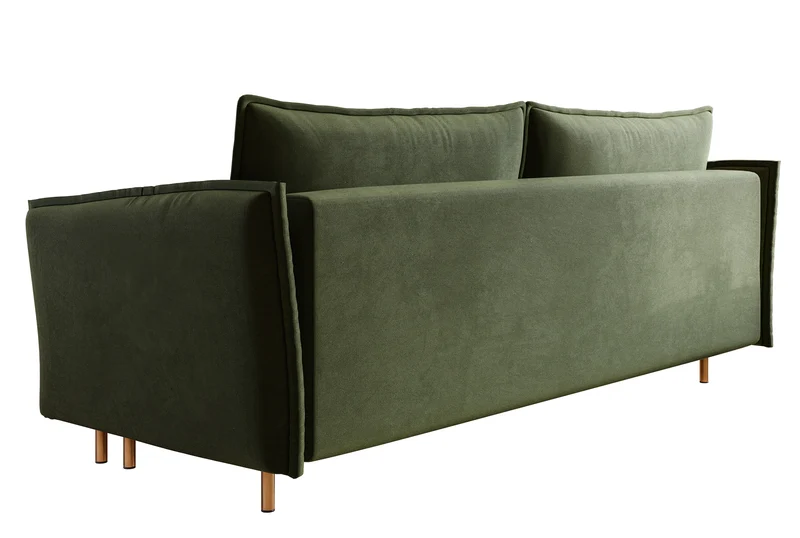 Dreisitziges ausklappbares Sofa Ummo in Olivgrün mit Stauraum, hydrophobem Samtstoff und goldfarbenen Beinen