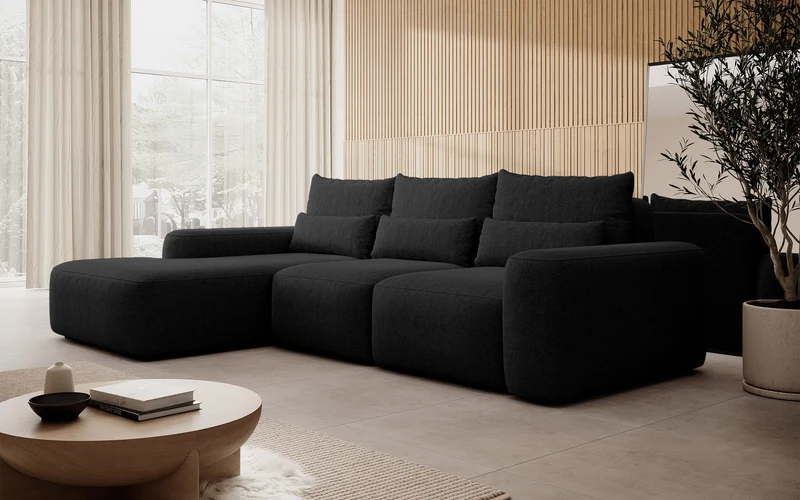 Ecksofa mit Schlafunktion Carnos, L-förmig, mit zusätzlichen Lendenkissen, schwarzer hydrophober Chenille, linksseitig