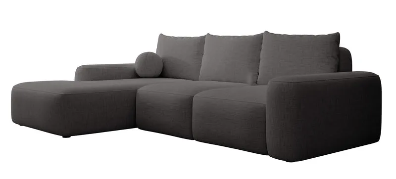 Ecksofa mit Schlaffunktion Carnos, L-förmig mit Ball, einzelne Kissen, dunkelgrauer hydrophober Chenille, linksseitig