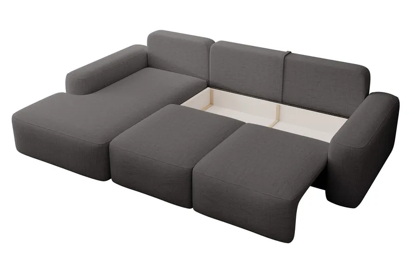 Ecksofa mit Schlaffunktion Carnos, L-förmig mit Ball, einzelne Kissen, dunkelgrauer hydrophober Chenille, linksseitig