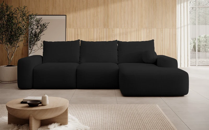 Ecksofa mit Schlaffunktion Carnos, L-förmig mit Ball, einzelne Kissen, schwarzer hydrophober Chenille-Stoff, rechtsseitig