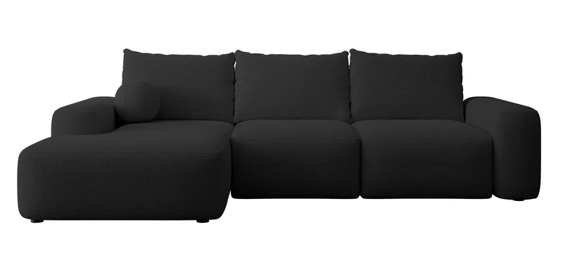 Ecksofa mit Schlafunktion Carnos L-förmig mit Ball, einzelne Kissen, schwarzer hydrophober Chenille, linksseitig