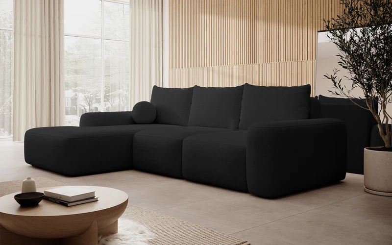 Ecksofa mit Schlafunktion Carnos L-förmig mit Ball, einzelne Kissen, schwarzer hydrophober Chenille, linksseitig