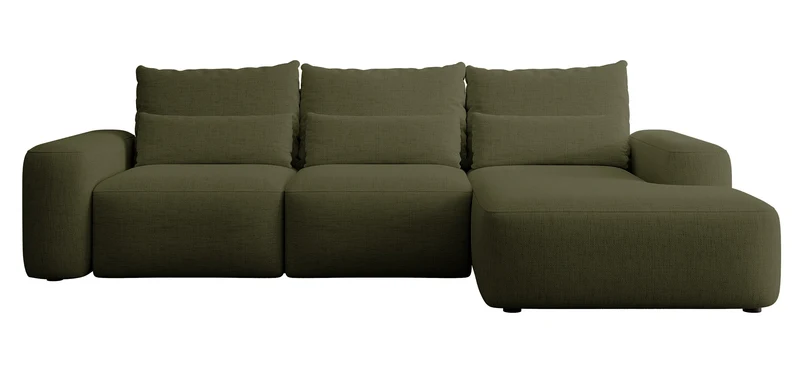 Ecksofa mit Schlaffunktion Carnos, L-förmig, mit zusätzlichen Lendenkissen, olivgrüner hydrophober Chenille, rechtsseitig