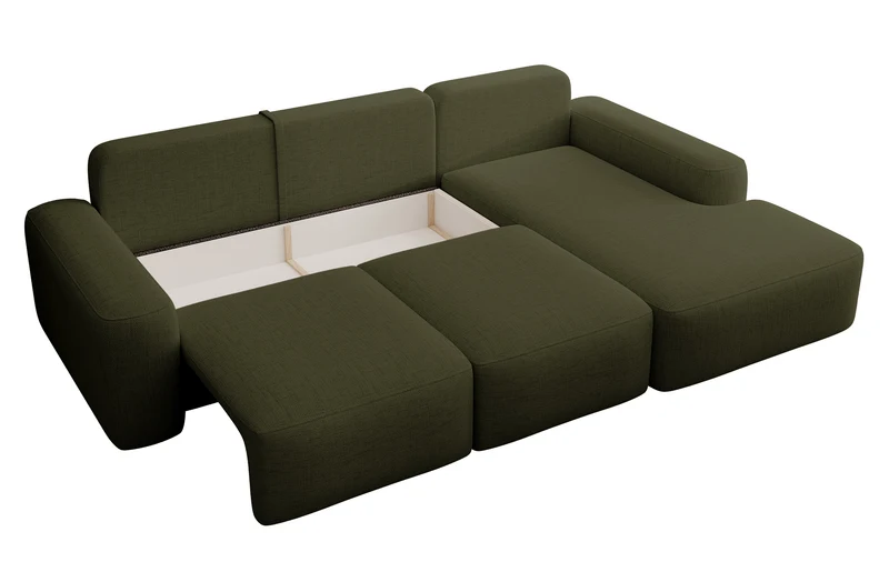 Ecksofa mit Schlaffunktion Carnos, L-förmig, mit zusätzlichen Lendenkissen, olivgrüner hydrophober Chenille, rechtsseitig