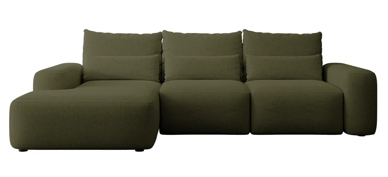 Ecksofa mit Schlaffunktion Carnos, L-förmig, mit zusätzlichen Lendenkissen, olivgrüner hydrophober Chenille-Stoff, linksseitig