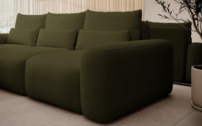 Ecksofa mit Schlaffunktion Carnos, L-förmig, mit zusätzlichen Lendenkissen, olivgrüner hydrophober Chenille-Stoff, linksseitig