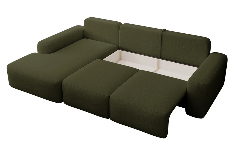 Ecksofa mit Schlaffunktion Carnos, L-förmig, mit zusätzlichen Lendenkissen, olivgrüner hydrophober Chenille-Stoff, linksseitig