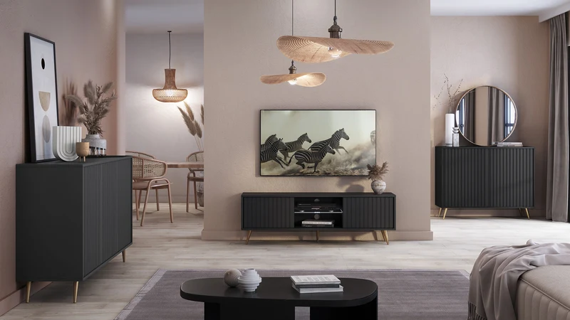 Kommode Bello mit Lamellenfronten 104 cm schwarz mit goldenen Beinen