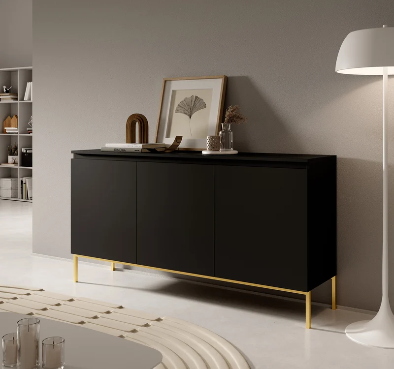 Drehtür-Kommode Bemmi 150 cm schwarz mit goldenen Beinen