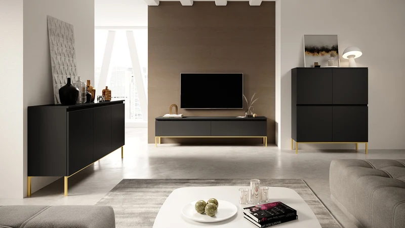 Drehtür-Kommode Bemmi 150 cm schwarz mit goldenen Beinen