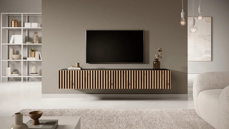 TV-Schrank Telire 175 cm schwarz mit lamellenförmiger Front Artisan-Eiche