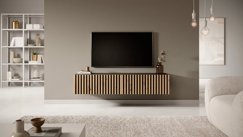 TV-Schrank Telire 138,6 cm schwarz mit lamellenförmiger Front Artisan-Eiche