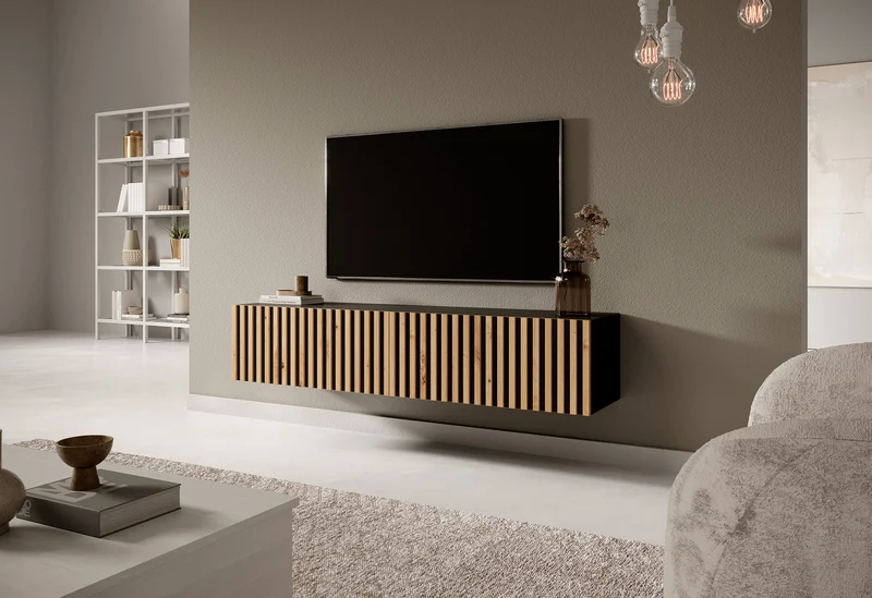 TV-Schrank Telire 138,6 cm schwarz mit lamellenförmiger Front Artisan-Eiche