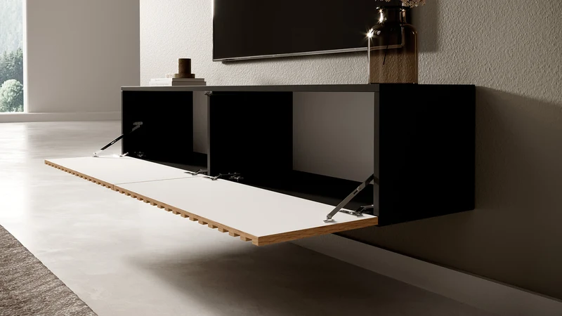 TV-Schrank Telire 138,6 cm schwarz mit lamellenförmiger Front Artisan-Eiche