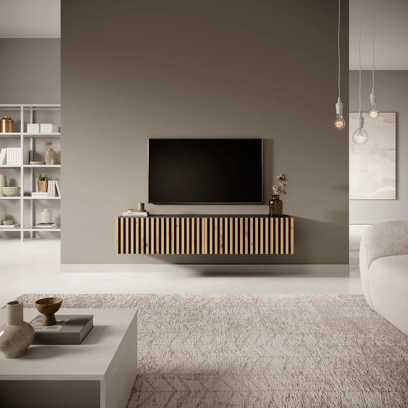 TV-Schrank Telire 138,6 cm schwarz mit lamellenförmiger Front Artisan-Eiche