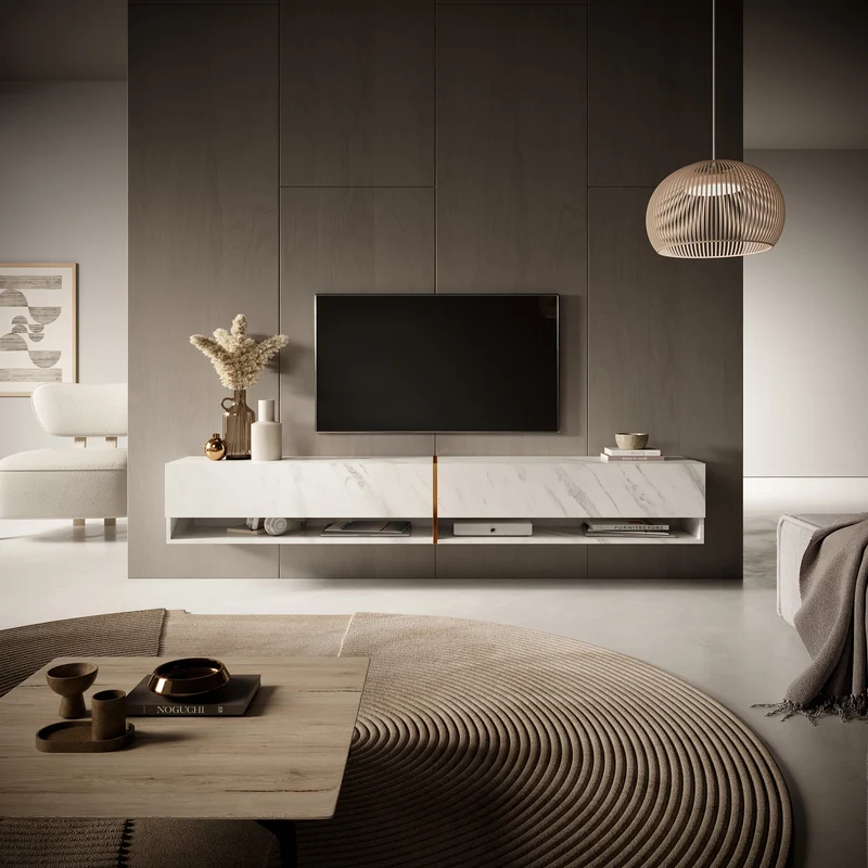 TV-Schrank Mirrgo 200 cm weißer Marmor mit goldener Einlage