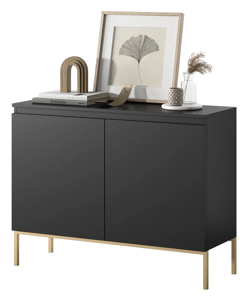 Zweiturige Kommode Bemmi 100 cm schwarz mit goldenen Beinen