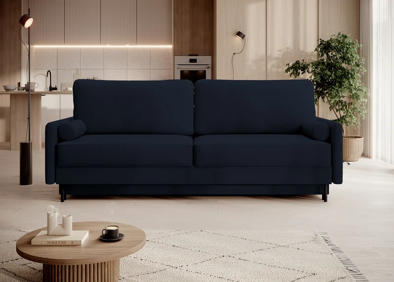 Dreisitziges ausklappbares Sofa Tomonde mit Stauraum, marineblauer, leicht zu reinigender Samtvelours