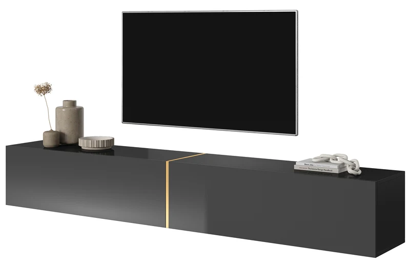 TV-Schrank Bisira 200 cm schwarz mit goldenem Einsatz