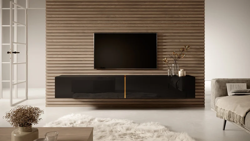 TV-Schrank Bisira 200 cm schwarz mit goldenem Einsatz