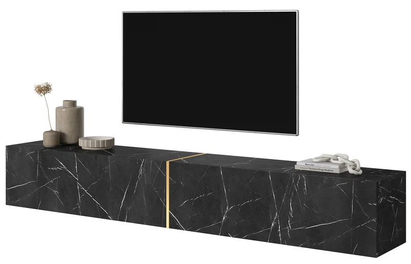 TV-Schrank Bisira 200 cm schwarzer Marmor mit goldenem Einsatz