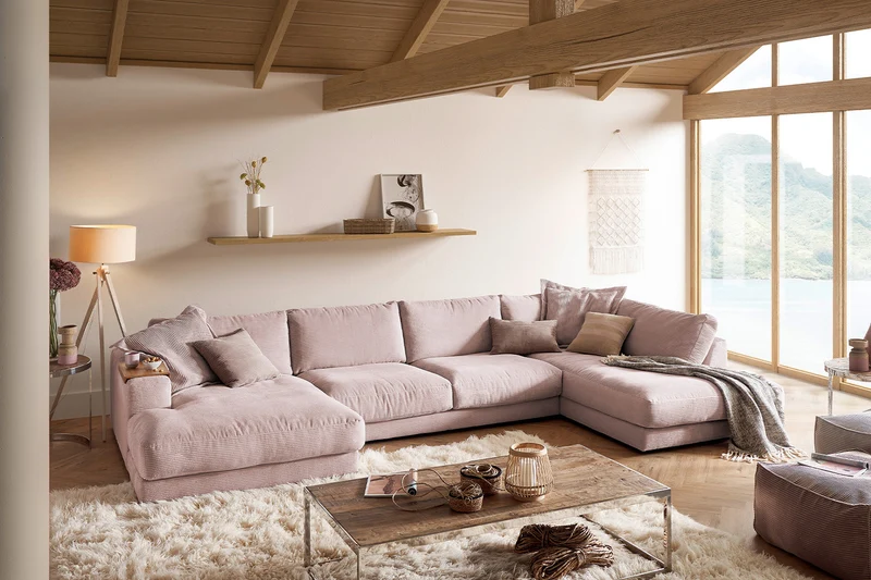 KAWOLA Sofa MADELINE Wohnlandschaft U-Form Cord rosa