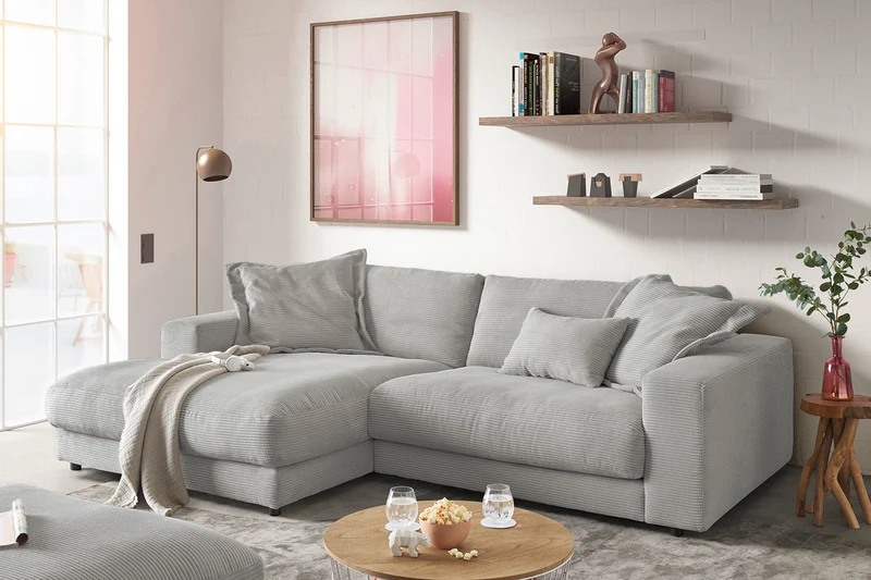 KAWOLA Sofa MADELINE Ecksofa mit Longchair Cord steingrau