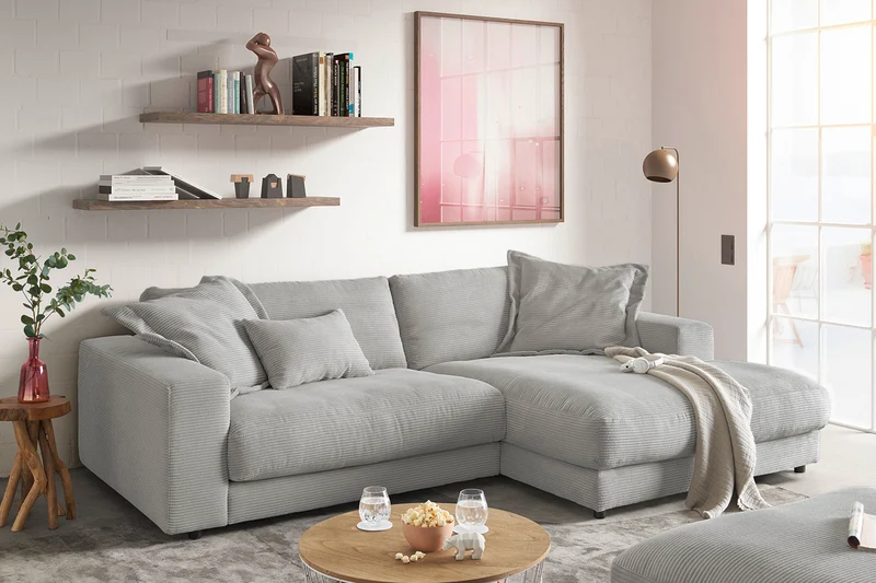 KAWOLA Sofa MADELINE Ecksofa mit Longchair Cord steingrau