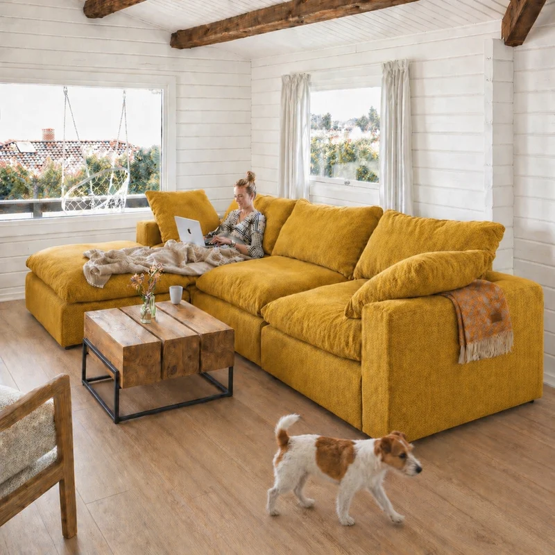 Lazy Modulsofa - 3 Sitzer mit Chaiselongue Links - Stoff Terranova Senf