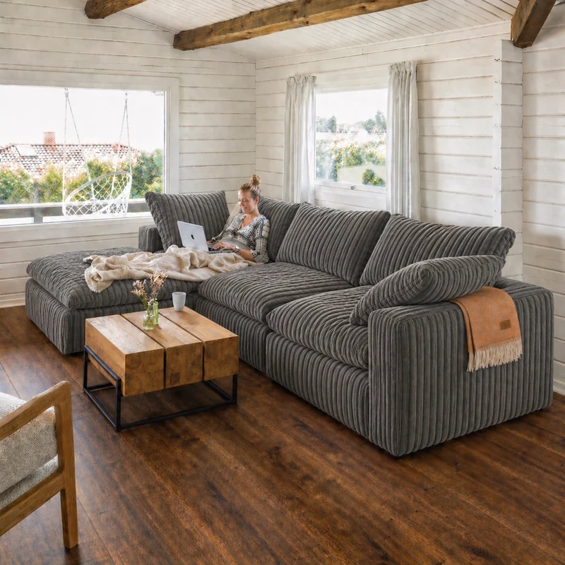 Lazy Modulsofa - 3 Sitzer mit Chaiselongue Links - Stoff Mega Gun Metal