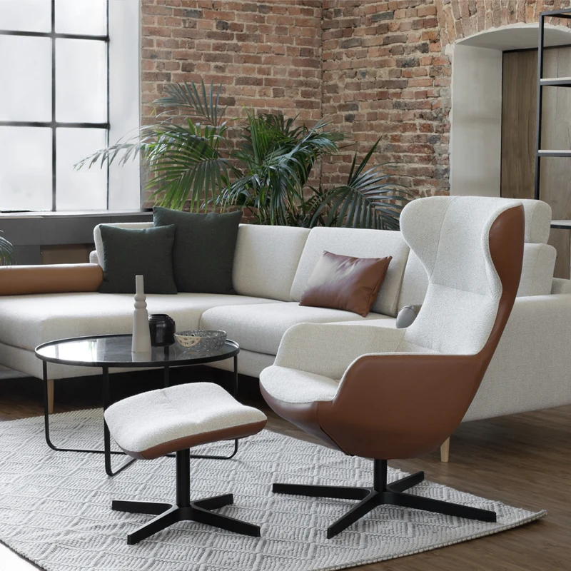 Sofia - Hocker - Stoff Brema Beige / Leder Balder Cognac | Gestell Vision