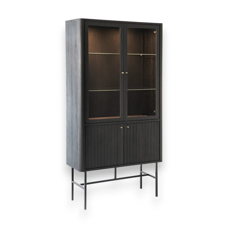 Welve - Vitrine 103cm | Metallgestell Schwarz - Esche Massiv UP