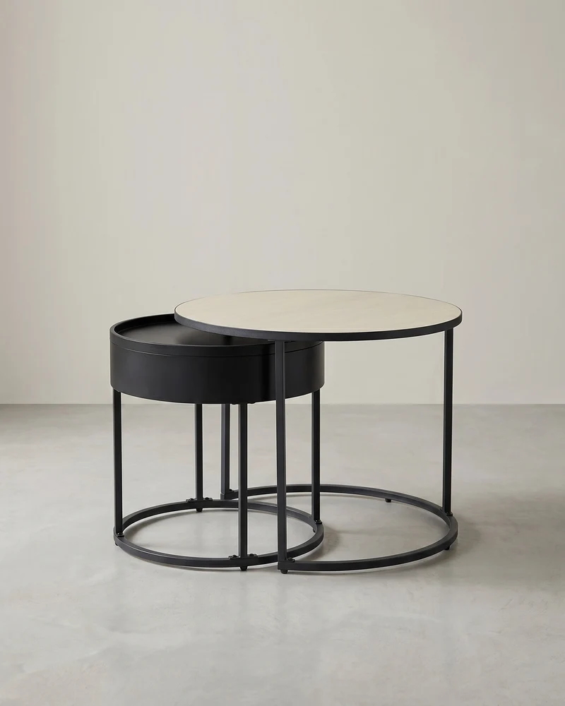 Rundes Couchtisch-Set, 2-teilig – Satztische – Beistelltische mit Stauraum – Moderne Holztische mit Stahlgestell