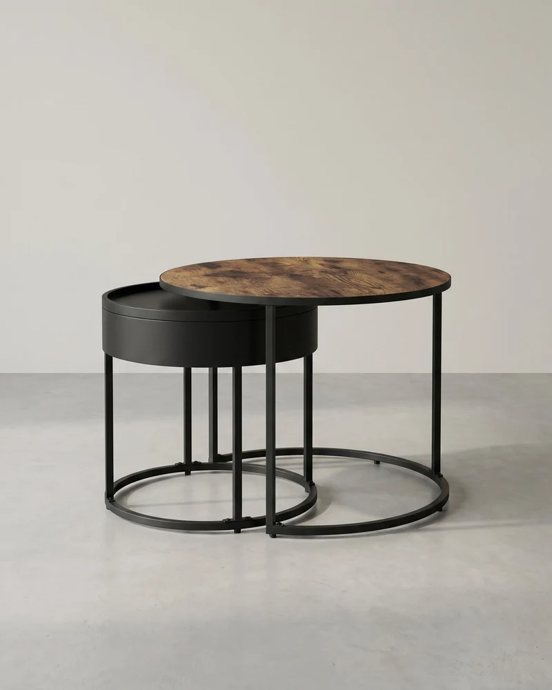 Rundes Couchtisch-Set, 2-teilig – Satztische – Beistelltische mit Stauraum – Moderne Holztische mit Stahlgestell