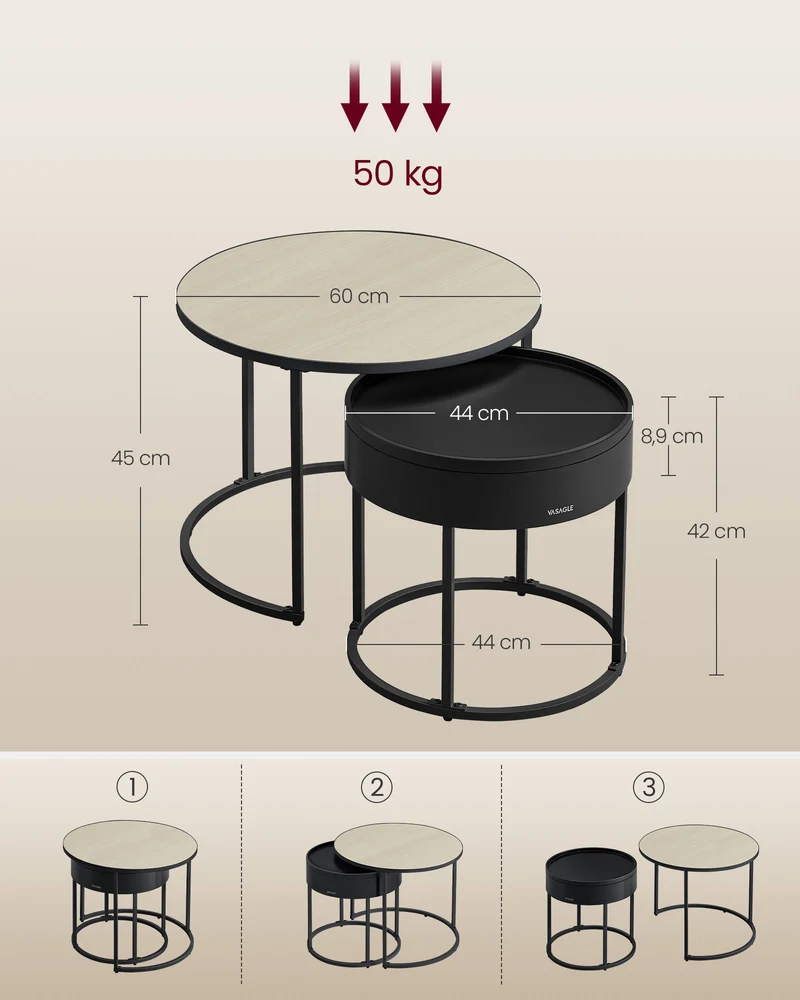 Rundes Couchtisch-Set, 2-teilig – Satztische – Beistelltische mit Stauraum – Moderne Holztische mit Stahlgestell