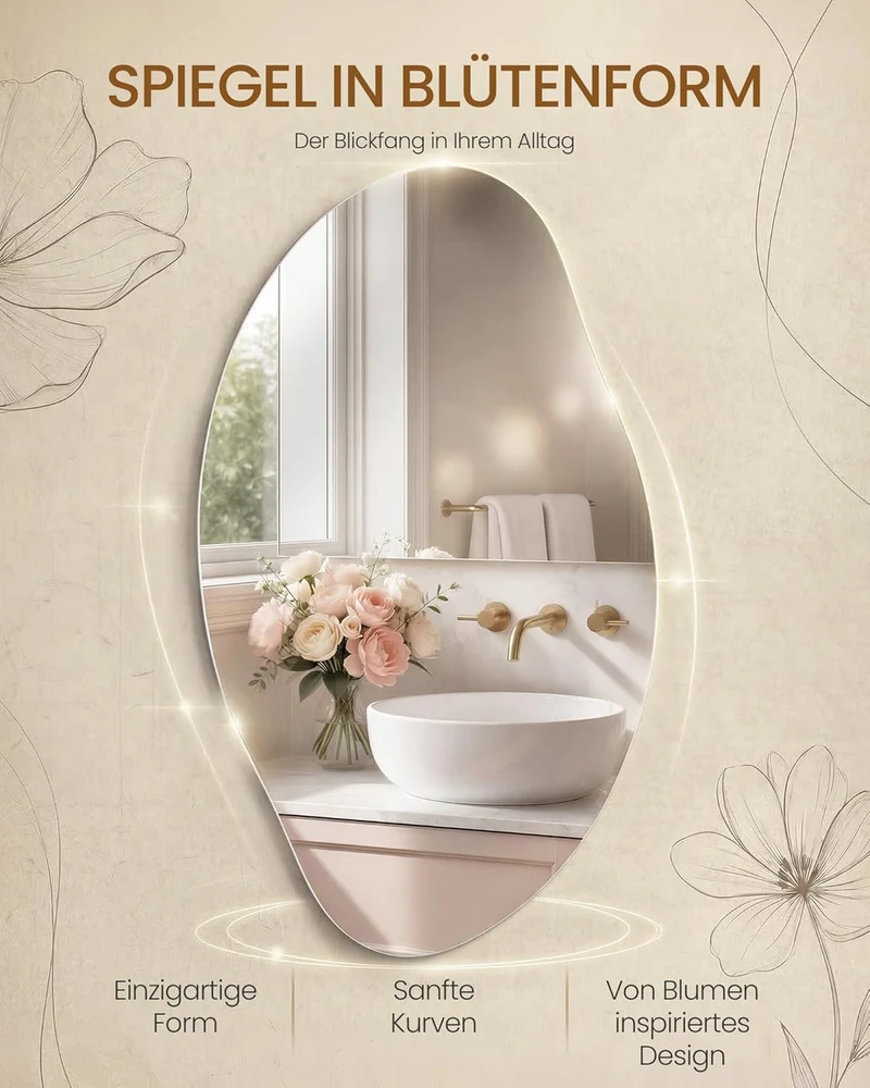 Asymmetrischer Wandspiegel - Organische Blütenform - Rahmenloses Sicherheitsglas