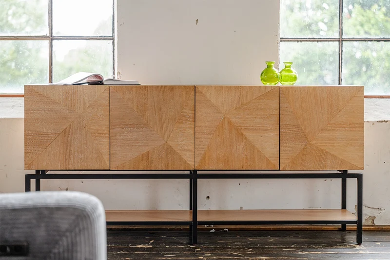 KAWOLA Sideboard ANJO 4 Türen 1 Ablage Eiche furniert braun Metall schwarz pulverbeschichtet
