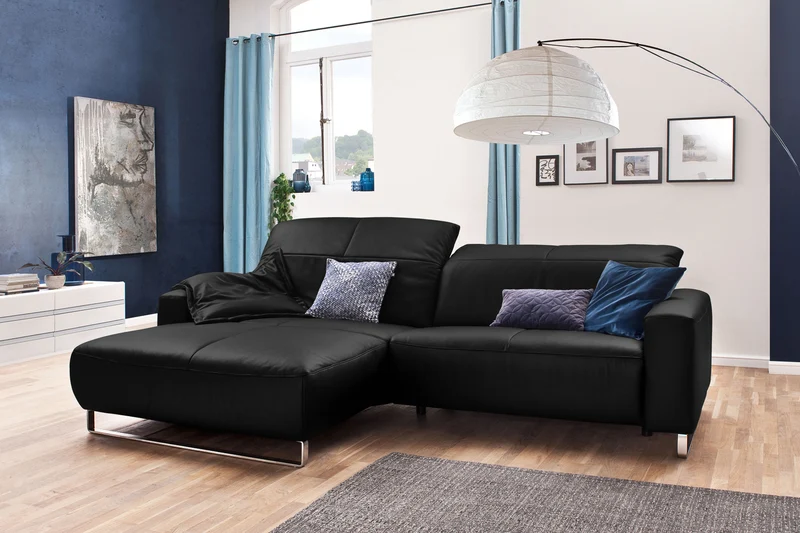 KAWOLA Sofa YORK Leder Recamiere schwarz