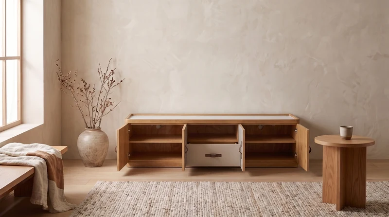 KAWOLA Lowboard FLORIANA TV-Board 4 Türen 1 Schubladen Eiche natur / weiß