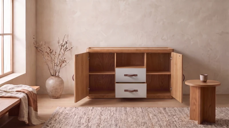 KAWOLA Sideboard FLORIANA 2 Türen 2 Schubladen Eiche natur / weiß