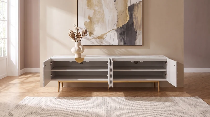 KAWOLA Lowboard FREEDA 4 Türen TV-Board Wellen-Relief weiß