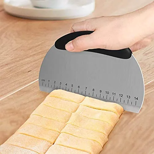 Cocosmart Pizza Bench Scraper Chopper Stainless Steel Non Sleep Kitchen Food Scraper Icing Smoother Blade with Measuring Scale for Dough, Cake, (S Steel Round)