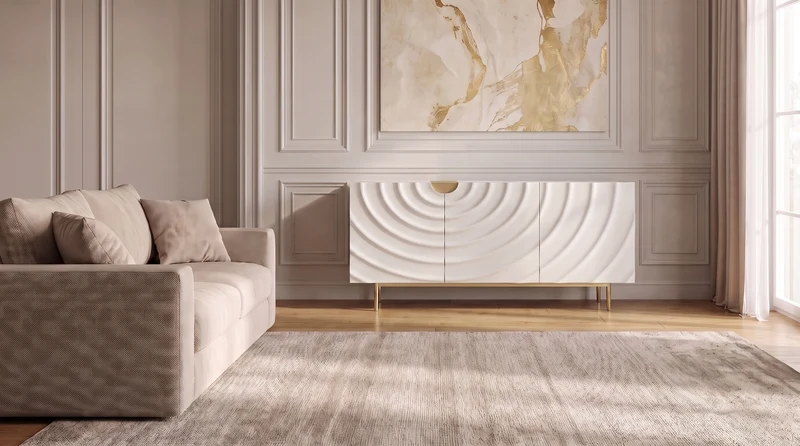KAWOLA Sideboard FREEDA 3 Türen Wellen-Relief weiß