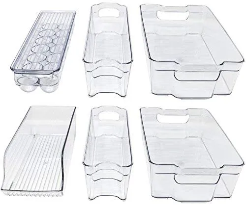 Kitchenmate KM-212 Fridge/Freezer Organizer Stackable Storage Bins Container (6-Piece Clear,14.7in L x 8.2in W x 3.9in H)