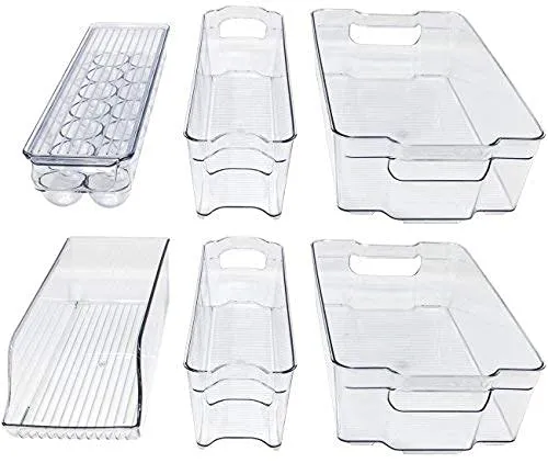 Kitchenmate KM-212 Fridge/Freezer Organizer Stackable Storage Bins Container (6-Piece Clear,14.7in L x 8.2in W x 3.9in H)